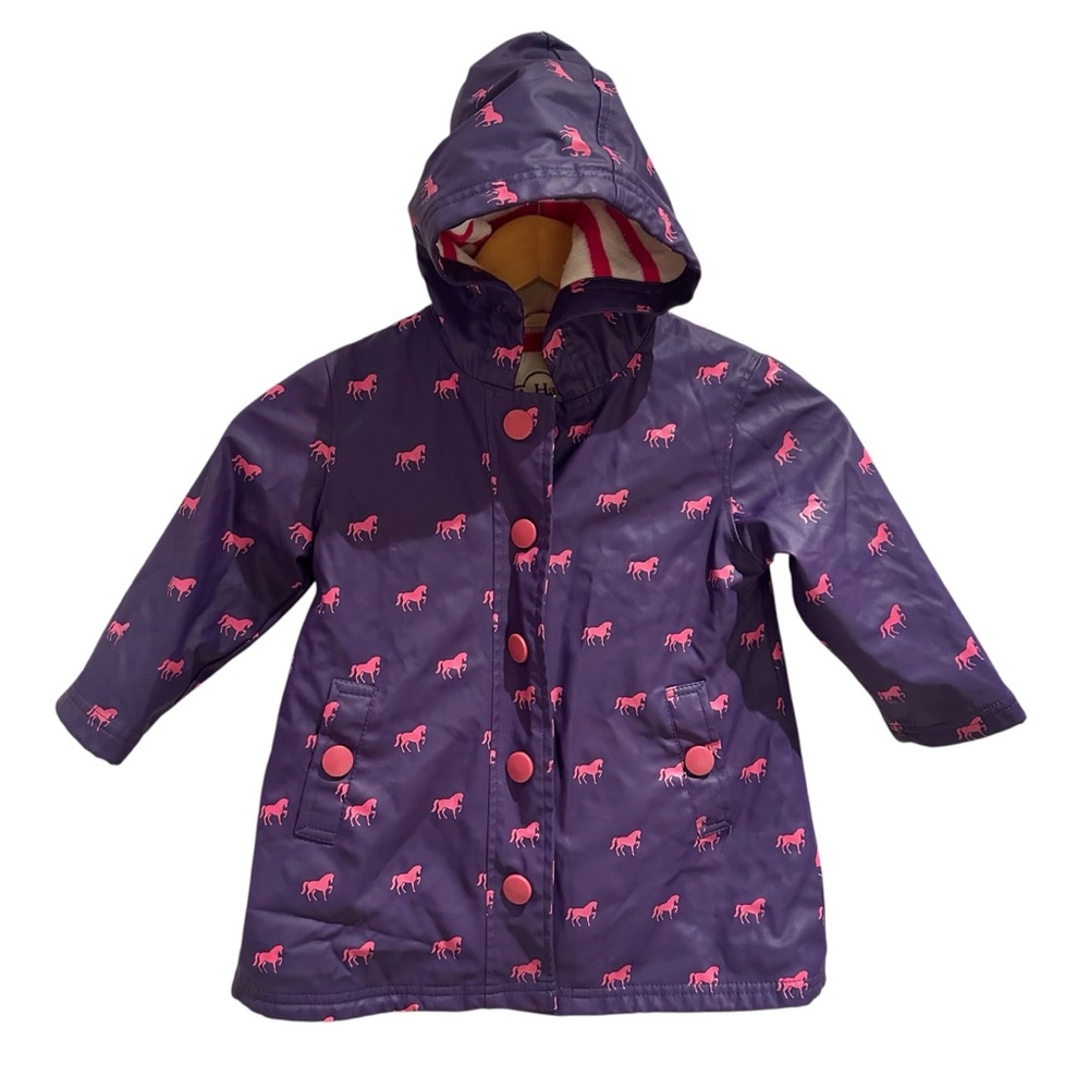Hatley Raincoat Purple Pink Horses Lined Button Up Size 3‎